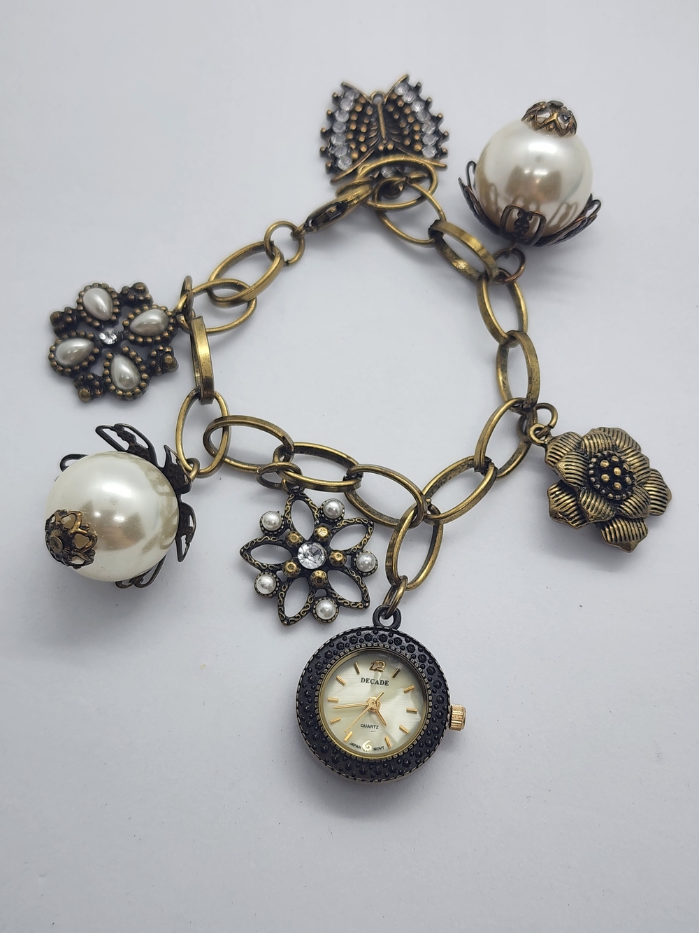 Vintage Decade Brass Charm Bracelet Watch Coquette Pearl Gold Tone